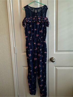 Epic Threads Navy Floral Lace-Trim Romper with Pink Accents Size Large